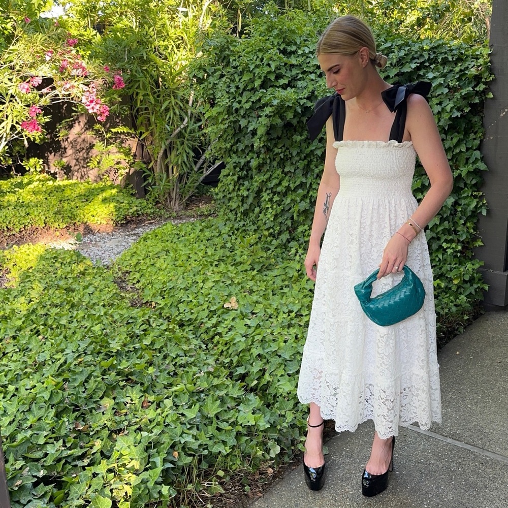 Hill House White Lace Midi Dress with Black Ribbon Straps